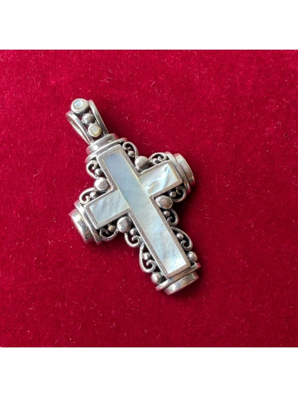 925 Sterling Silver Mother of Pearl Cross Pendant Filigree Scrollwork Gothic